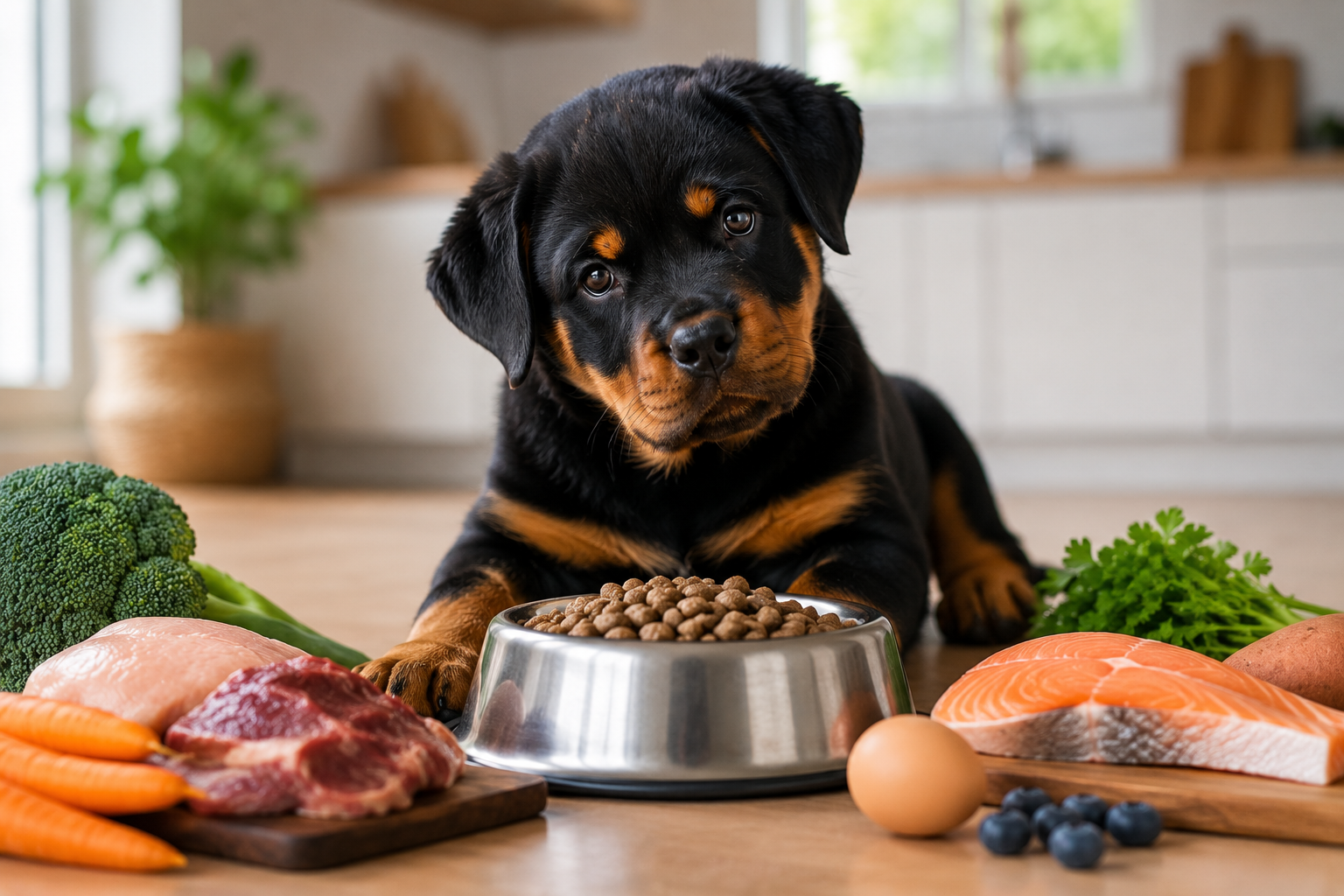 Rottweiler puppy lying in a kitchen behind a stainless steel bowl of kibble surrounded by fresh chicken, beef, salmon, egg, carrots, broccoli and blueberries