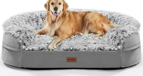 Golden retriever relaxing on a fluffy gray iweepet orthopedic dog bed
