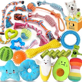 Large bundle of puppy toys including braided ropes, rubber teething rings, a dental stick and soft squeaky plush fruit toys