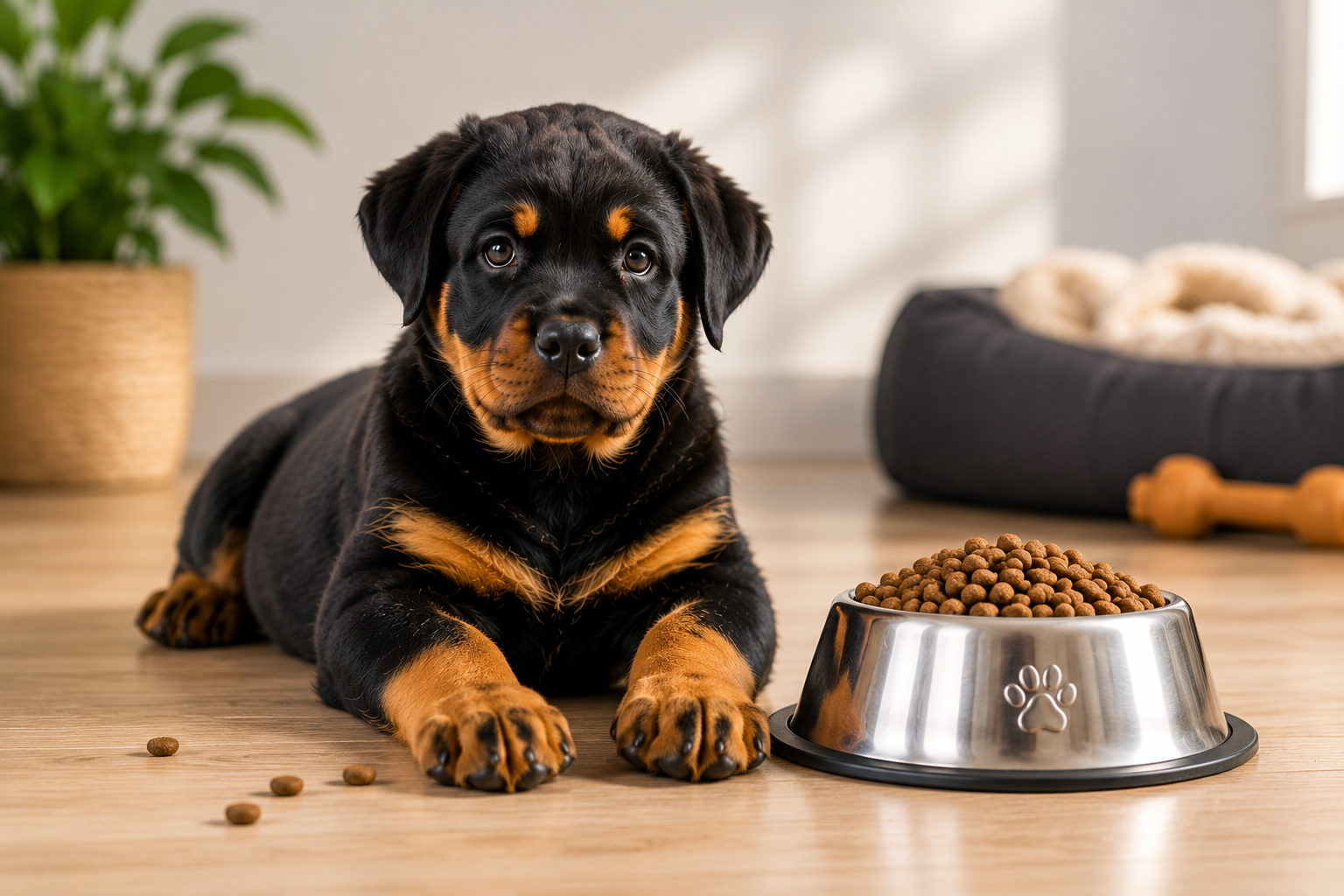 Rottweiler puppy lying next to a stainless steel bowl filled with puppy kibble on a wooden floor