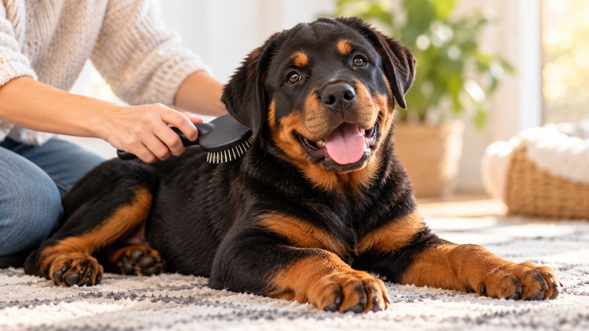 Happy Rottweiler puppy lying on a striped rug indoors with its tongue out while a person gently brushes its neck with a black pin brush