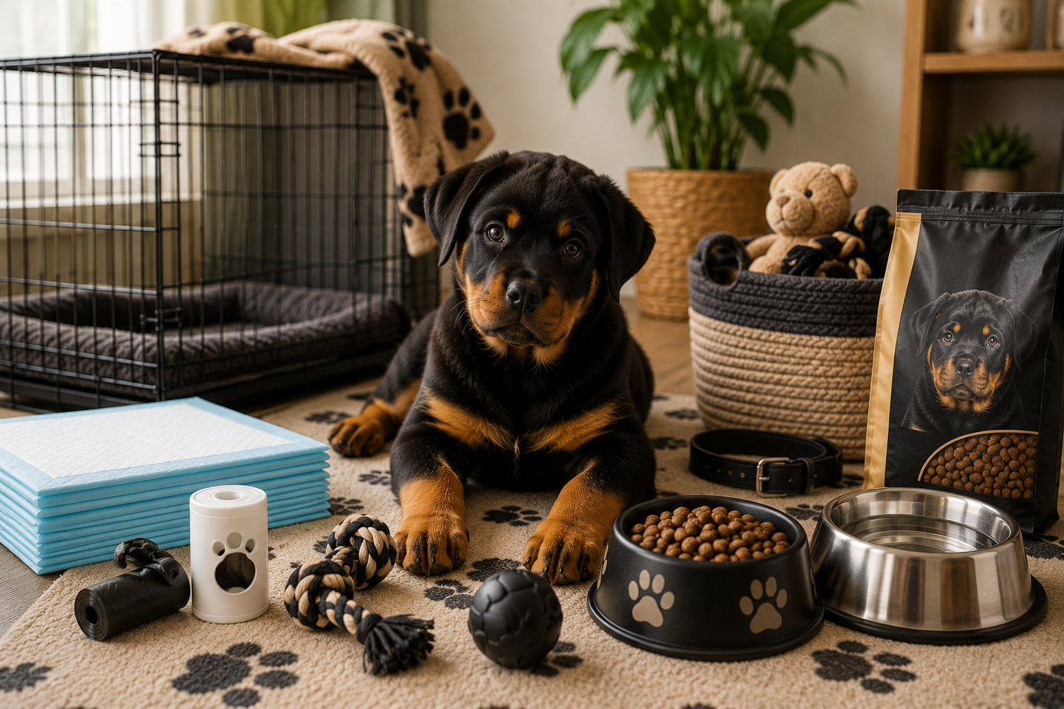 A Rottweiler puppy surrounded by essential supplies: crate, training pads, toys, bowls, collar and a bag of puppy food