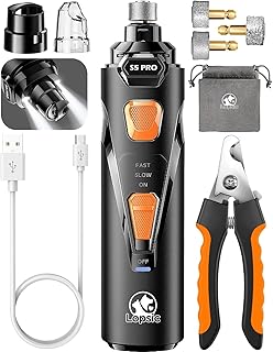 Black and orange rechargeable dog nail grinder kit with LED light, grinding heads, USB cable and nail clippers