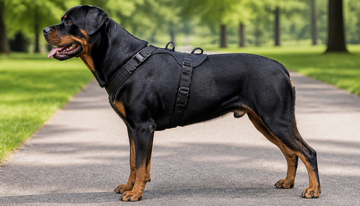 Rottweiler standing in profile wearing a black Y-shaped no-pull training harness on a park path