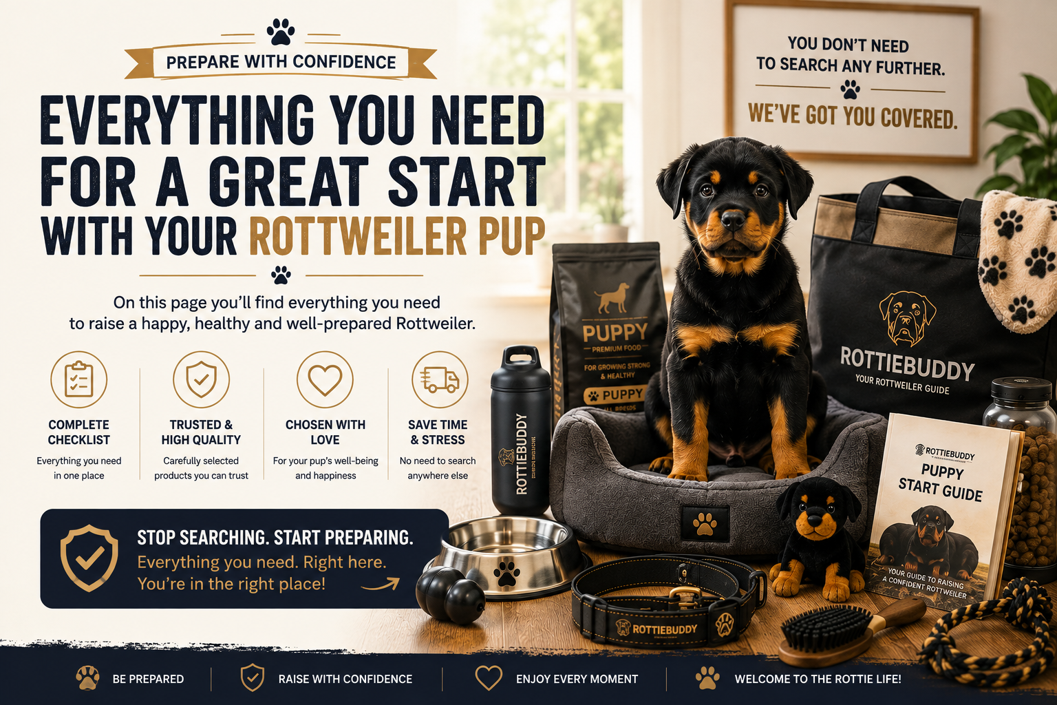 Flat lay of essential Rottweiler puppy supplies ready for arrival day