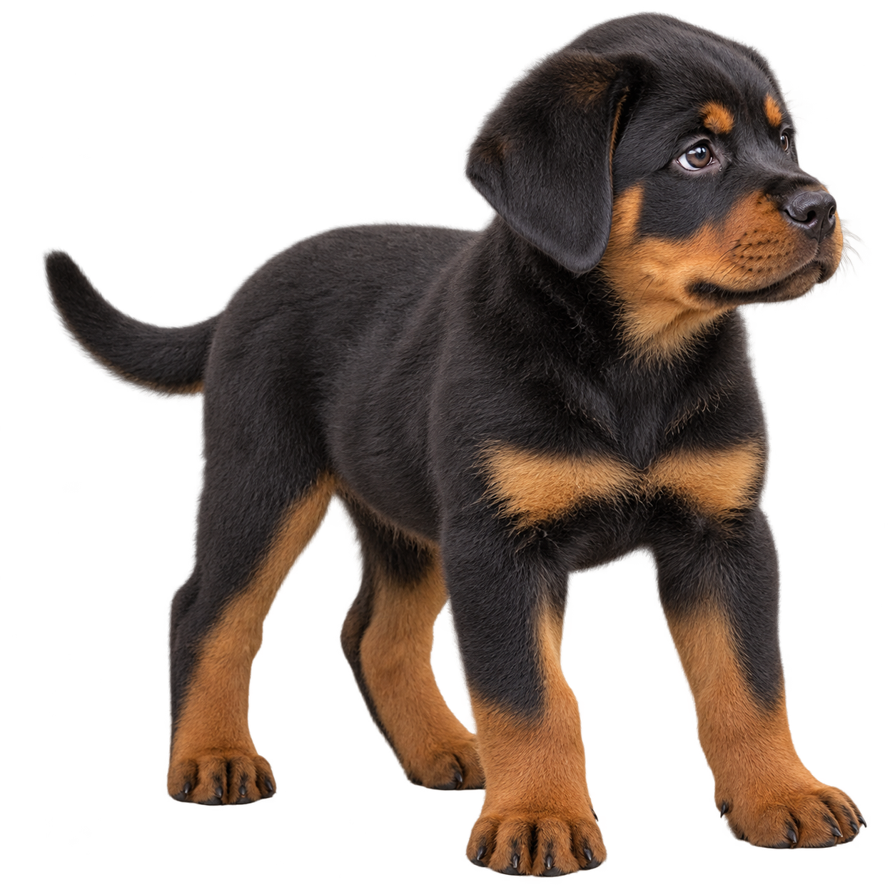 Three month old Rottweiler puppy standing next to the Richell Large End Table wooden crate