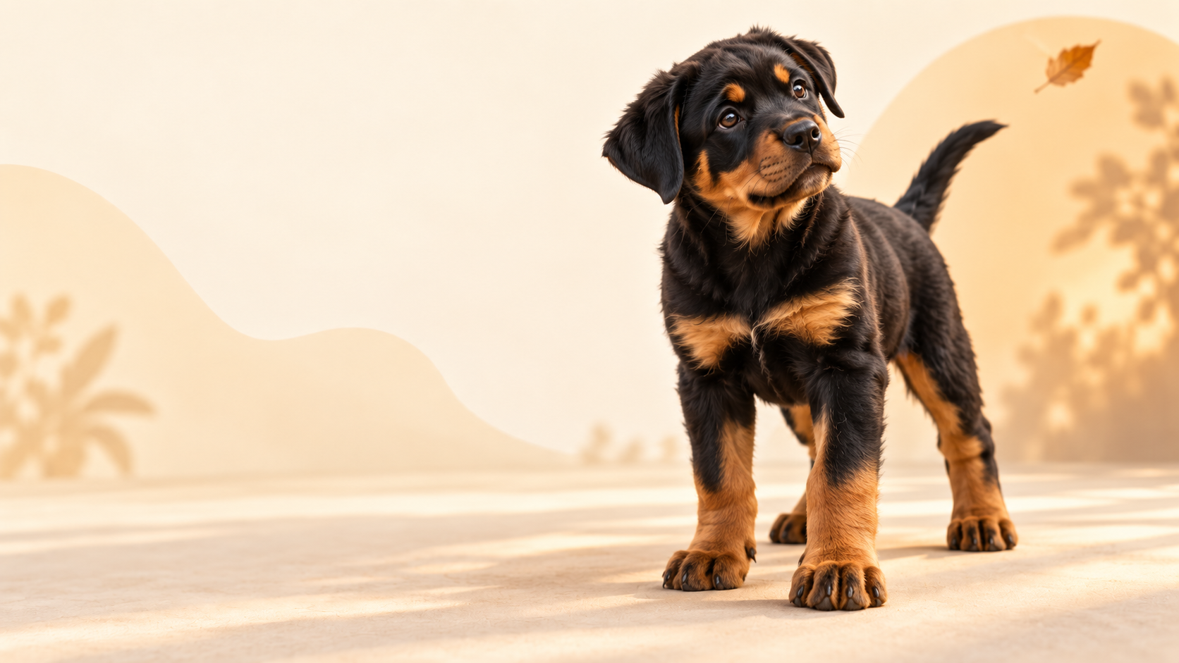 Four-month-old Rottweiler puppy standing in warm sunlight