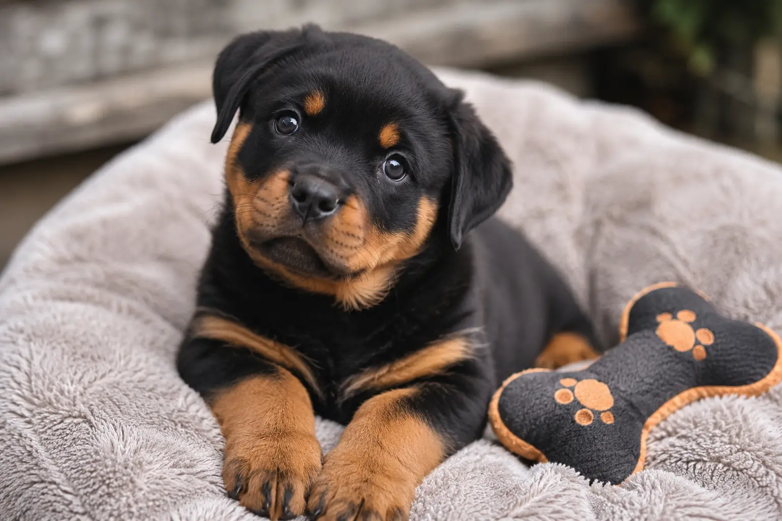Four-month-old Rottweiler puppy resting on a soft blanket with a paw-print toy