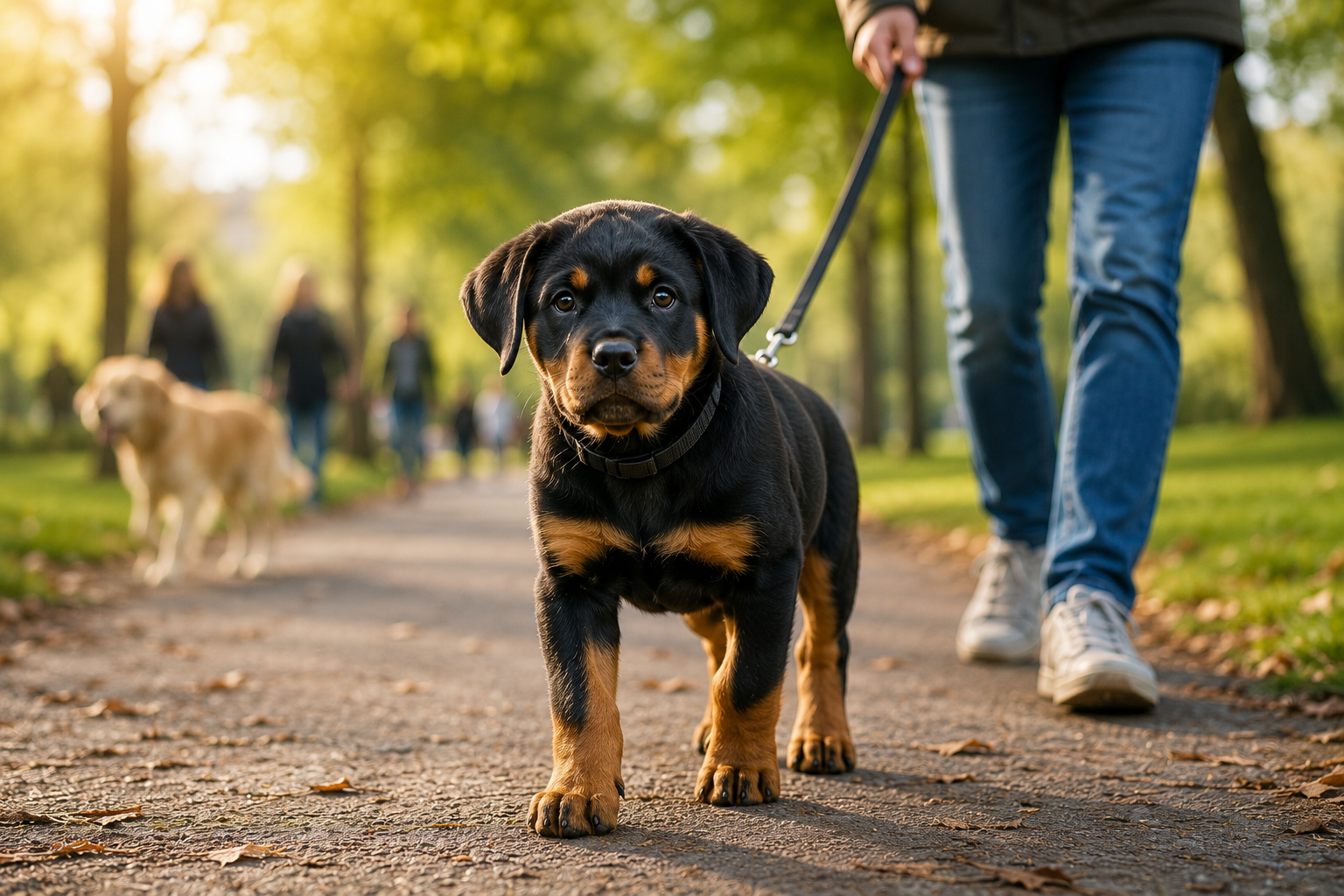 Rottweiler puppy walking calmly on a leash in a park with people and dogs in the background