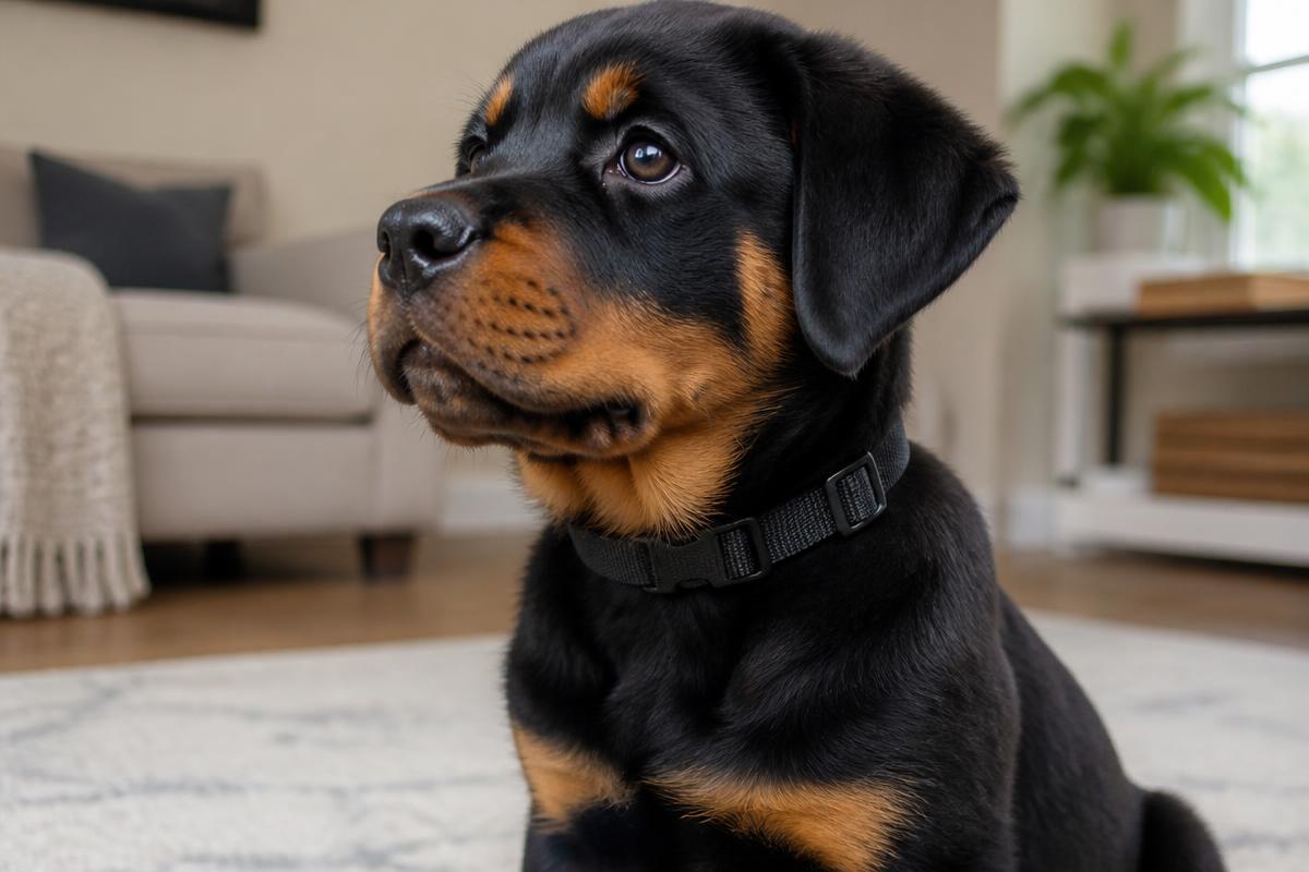 Rottweiler puppy wearing a lightweight adjustable black nylon starter collar in a bright living room