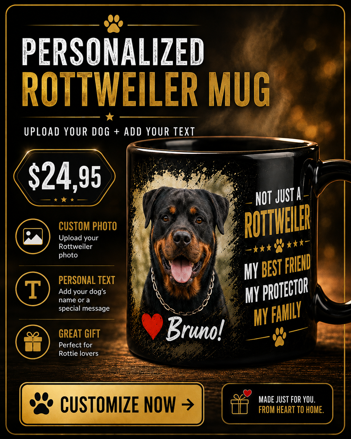 Personalized Rottweiler mug with your dog's photo and name