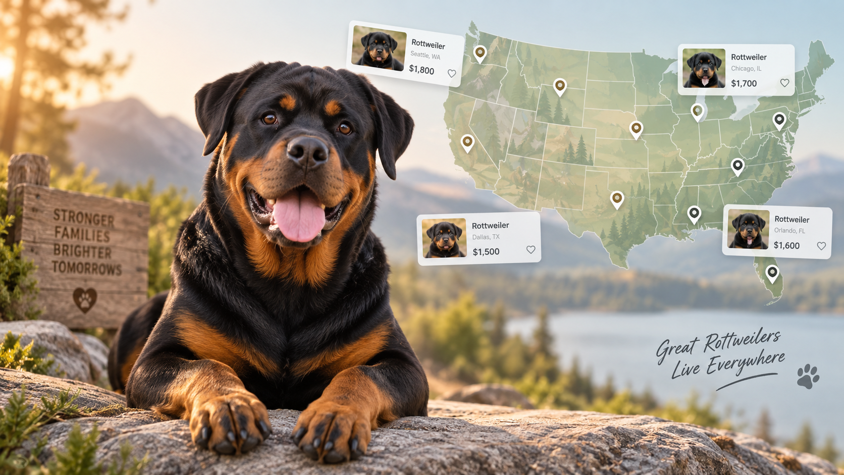 Rottweiler lying on a rock next to a map of the United States with Rottweiler listings