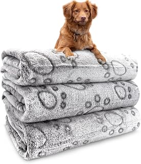Stack of three grey paw-print fleece dog blankets with a dog lying on top