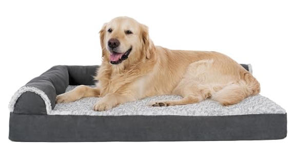Golden retriever lying on a dark gray Furhaven-style orthopedic dog bed