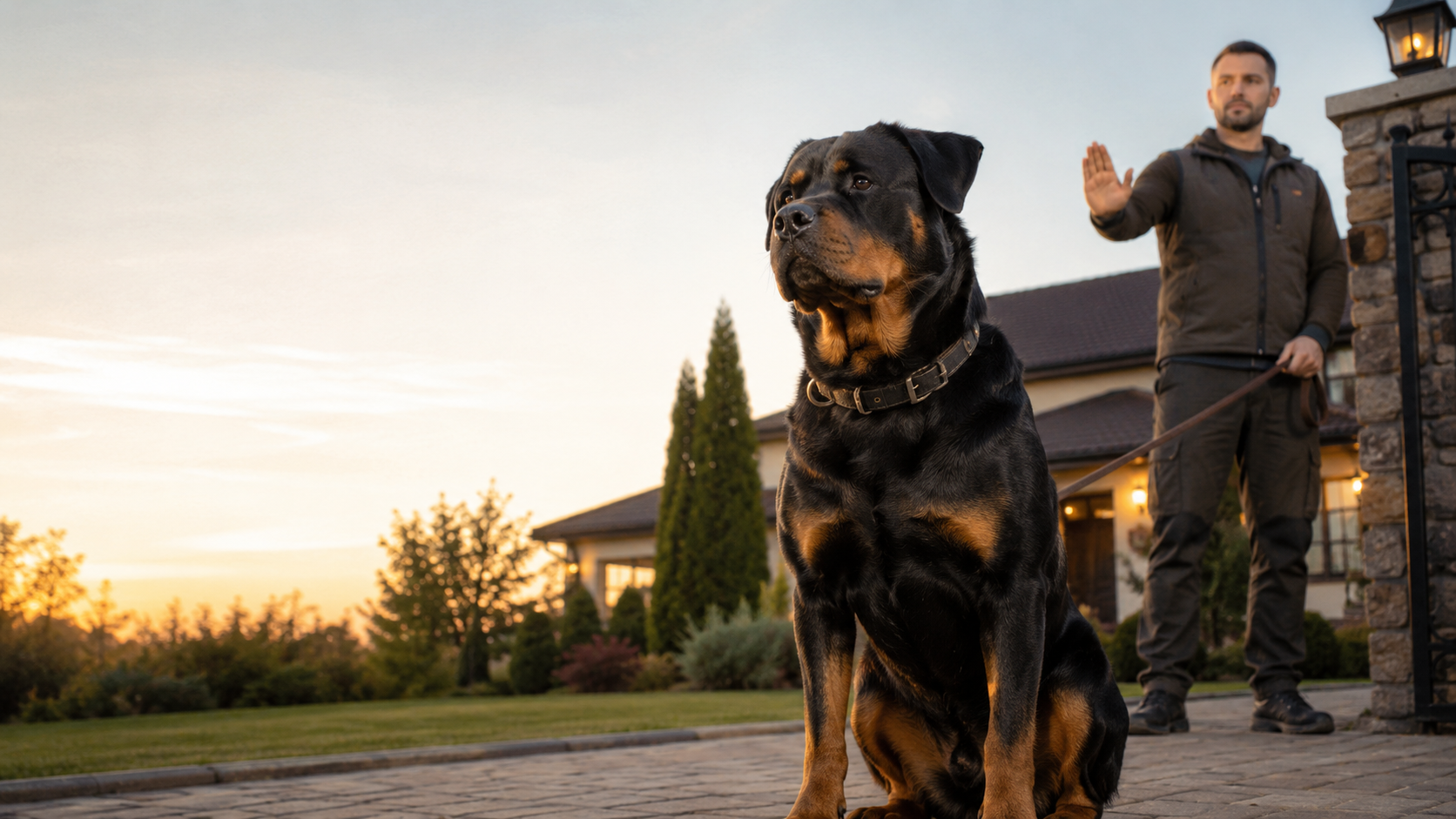 Adult Rottweiler sitting calmly on a driveway at sunset while its owner holds the leash and raises a hand in a stay cue