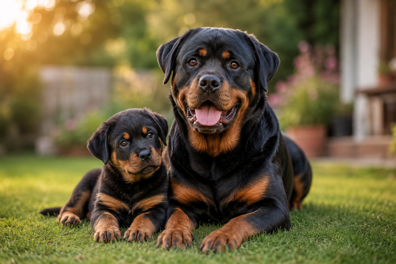 Adult Rottweiler and Rottweiler puppy lying together on the grass in a sunny garden