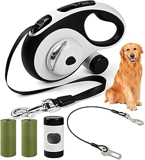 Black and white retractable dog leash with attached poop bag dispenser, two rolls of waste bags and a spare cable tether
