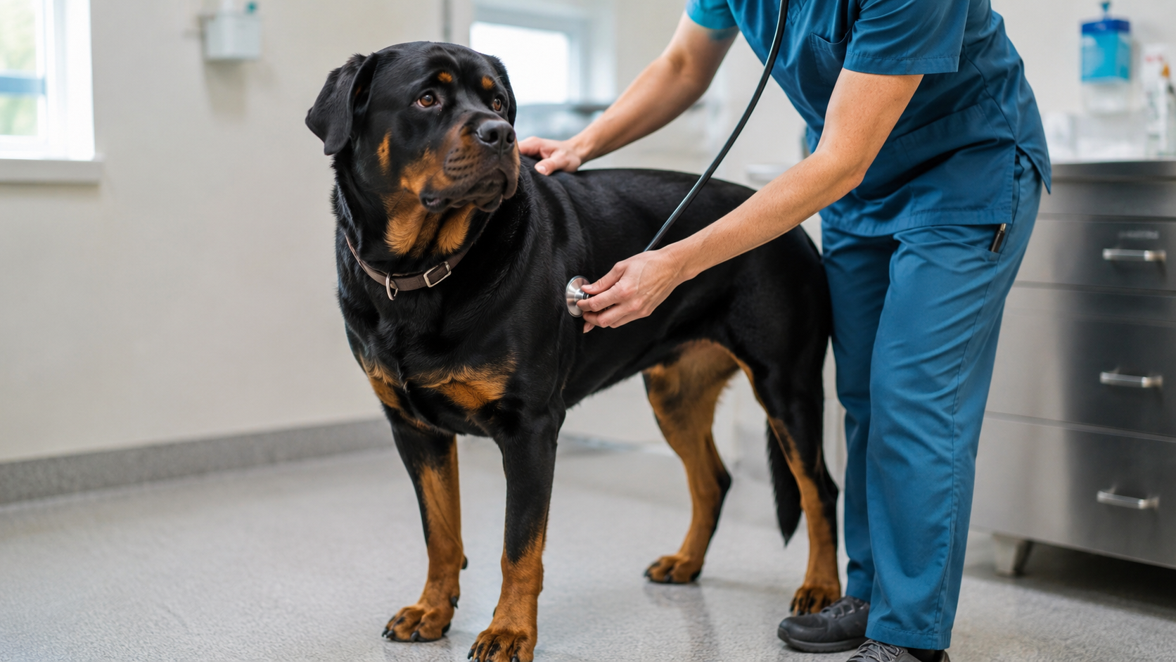 Veterinarian examining a Rottweiler with a stethoscope in a clinic