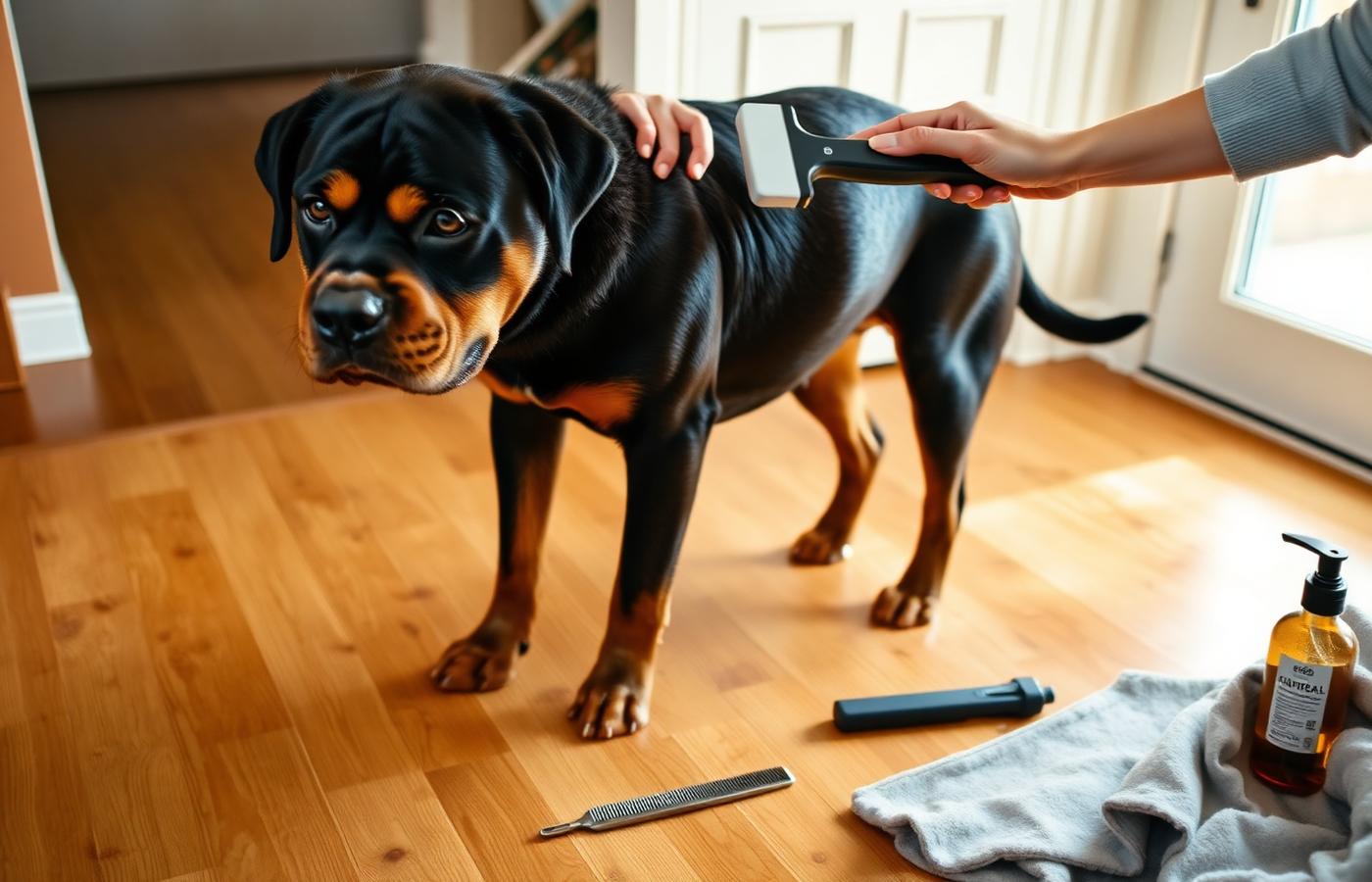 Rottweiler being brushed with a deshedding grooming brush on a wooden floor next to a comb, nail grinder and shampoo bottle