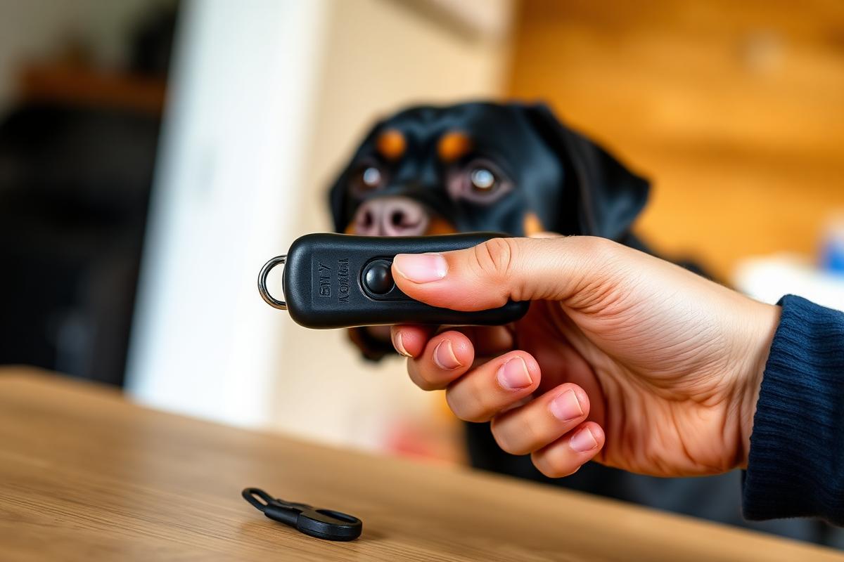 Hand holding a black dog training clicker with a Rottweiler waiting attentively in the background