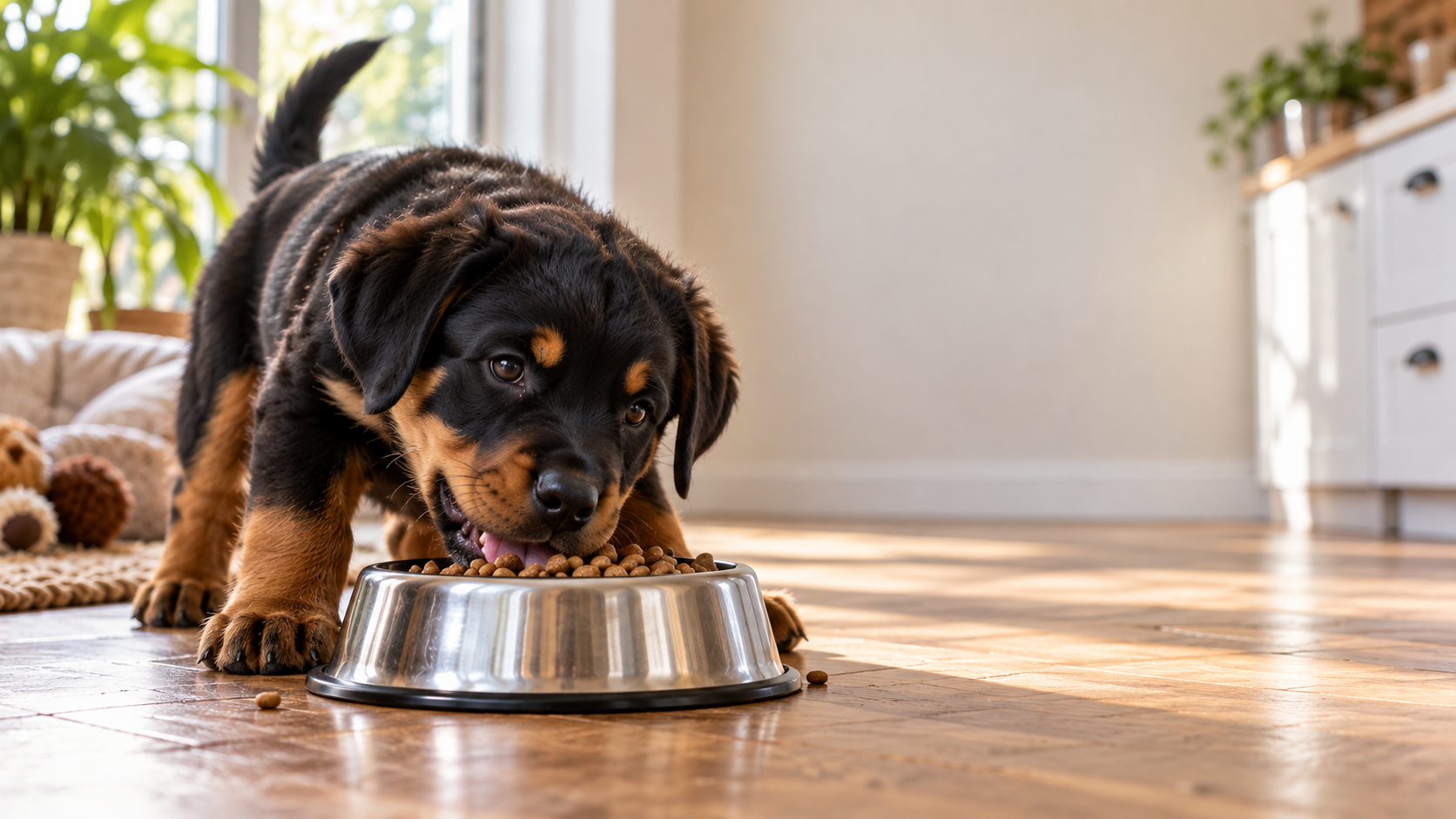Rottweiler puppy eating kibble from a stainless steel bowl in a bright kitchen