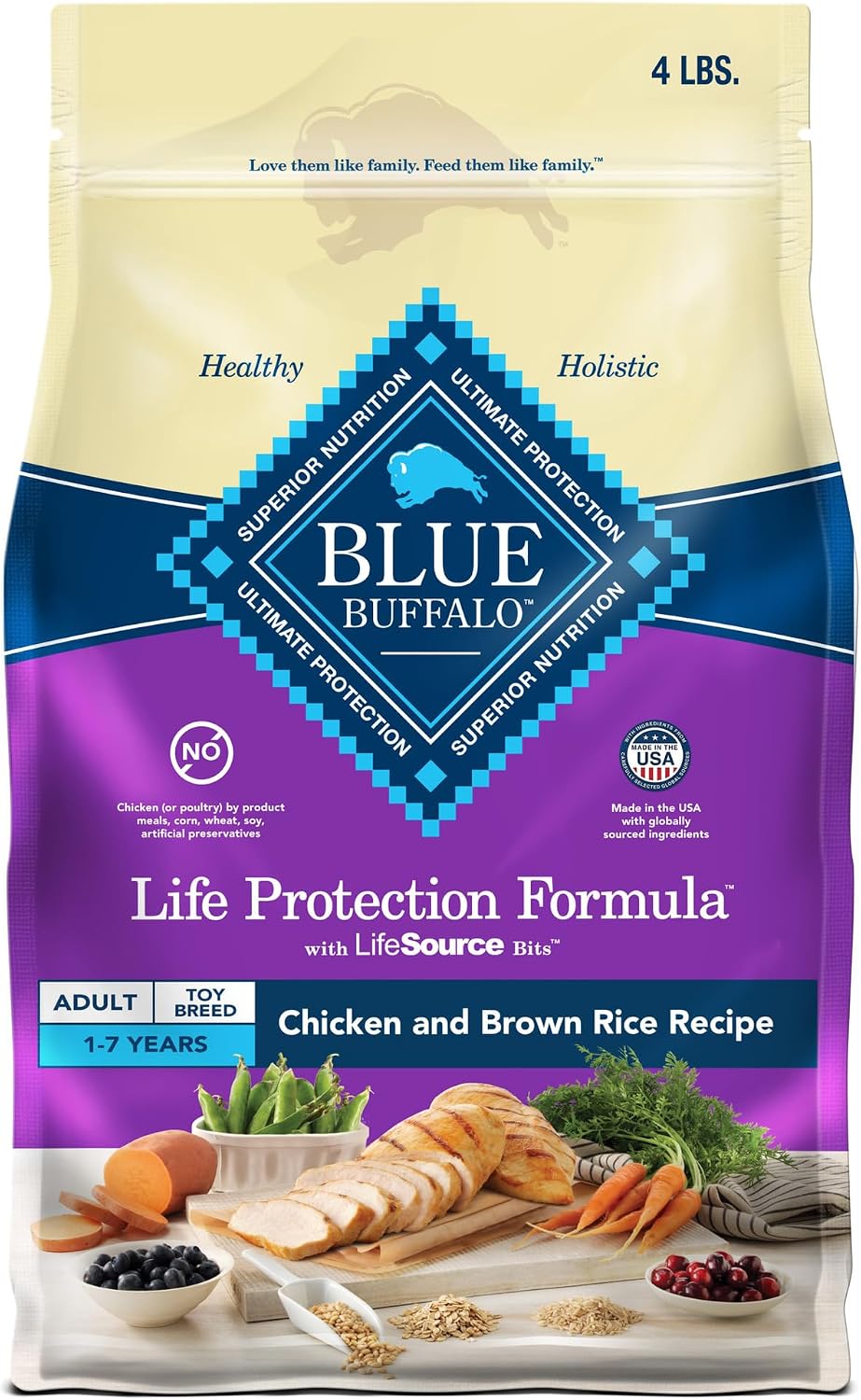 Bag of Blue Buffalo Life Protection Formula adult dry dog food with chicken and brown rice recipe and LifeSource Bits