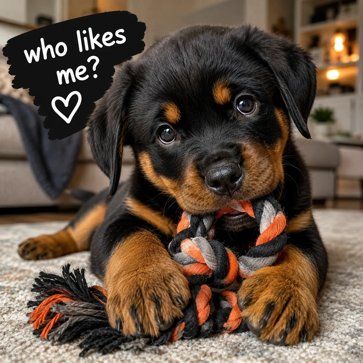 Rottweiler puppy chewing a colourful rope toy on a carpet