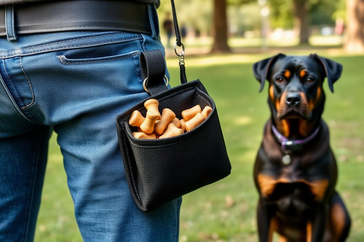 Black nylon dog treat pouch filled with training treats clipped to a handler's belt with a Rottweiler waiting nearby