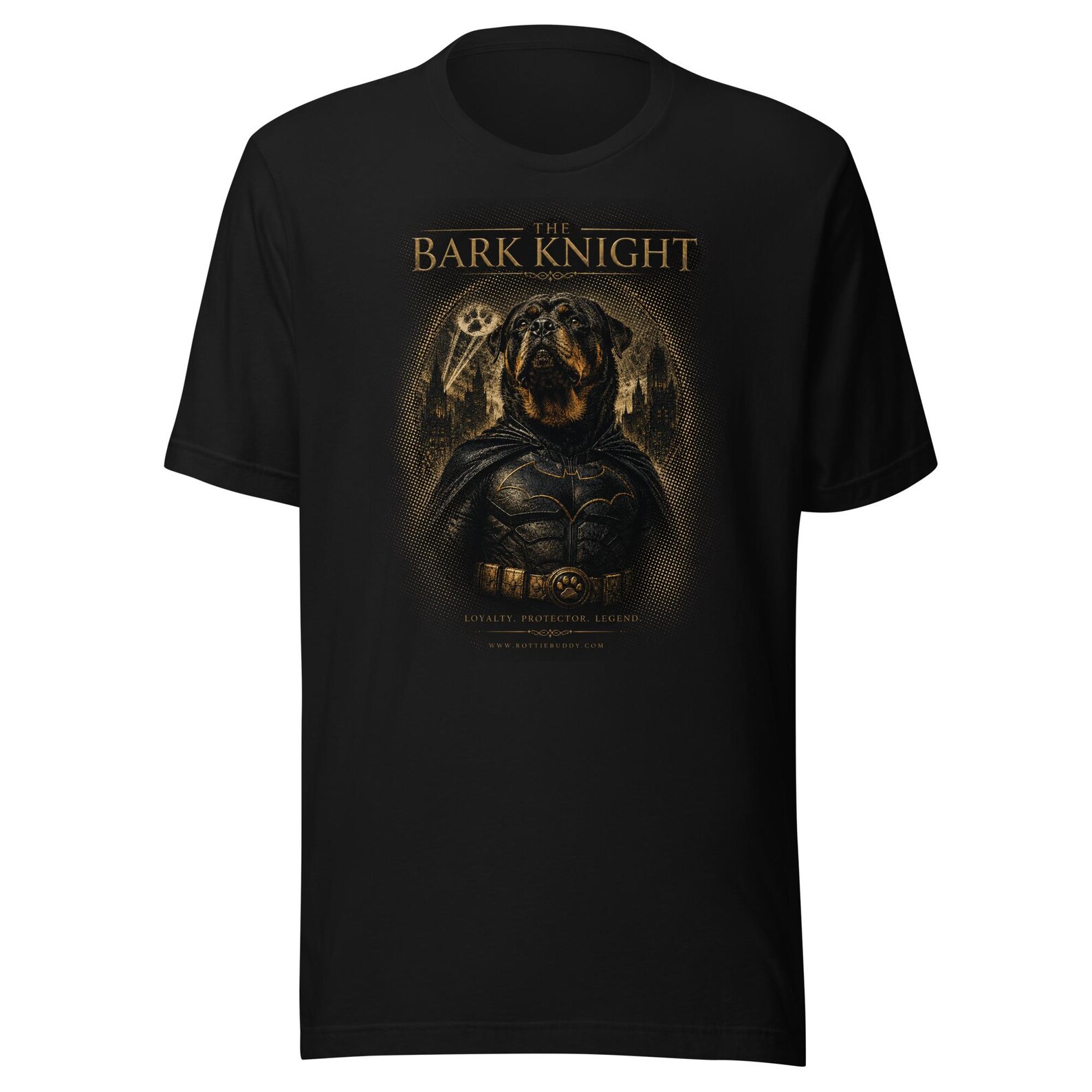 The Bark Knight Batman inspired Rottweiler black unisex t-shirt, front view