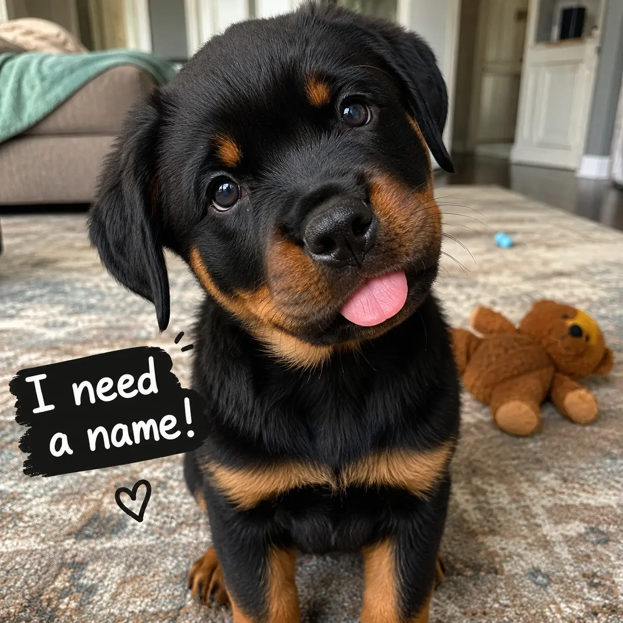 Rottweiler puppy sitting on a living room rug with a speech bubble reading I need a name