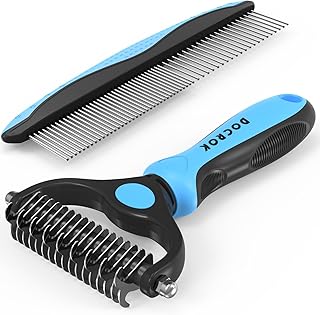 Blue and black double-sided undercoat rake dematting brush with a stainless steel grooming comb