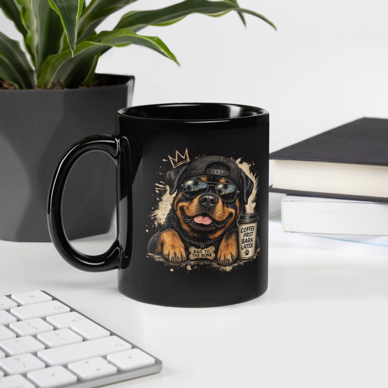 Black Glossy Rottweiler Mug — "Coffee First, Bark Later!"