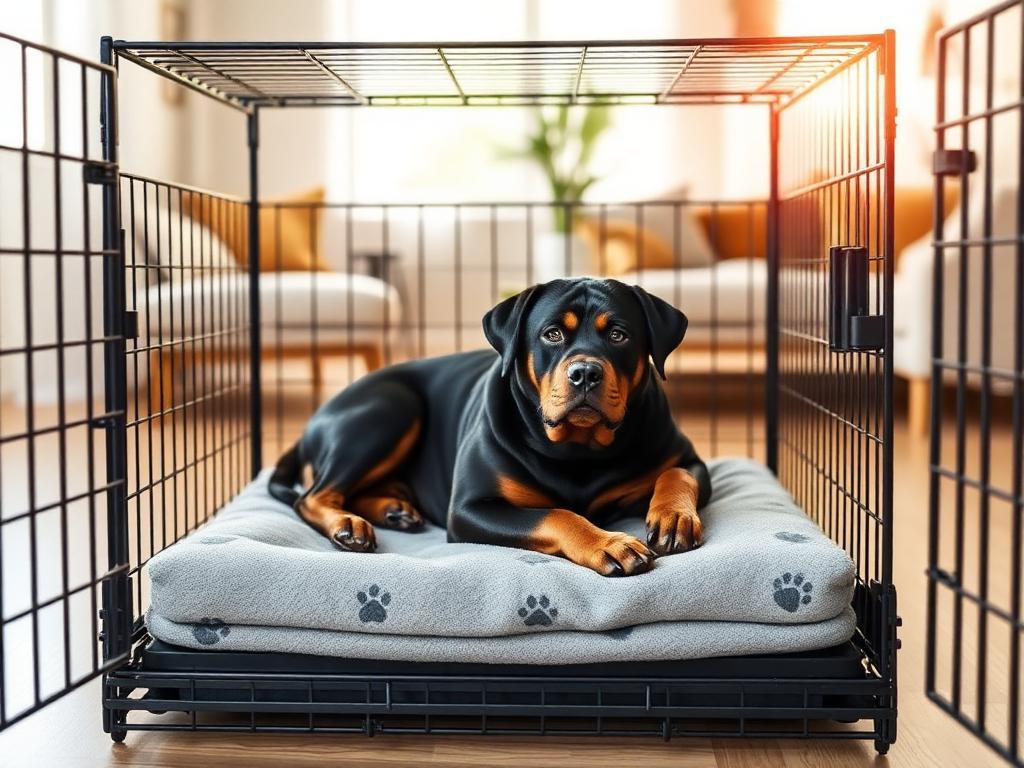 Rottweiler lying on a soft grey paw-print crate mat inside an open black wire dog crate in a bright living room