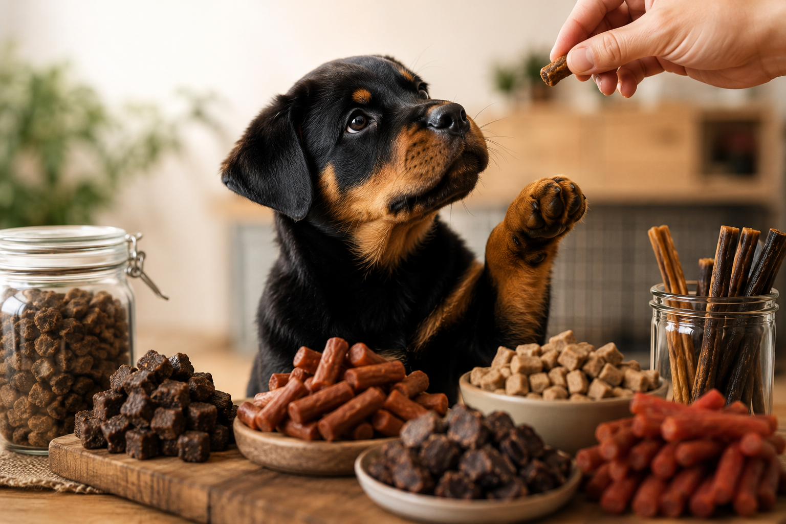 Rottweiler puppy reaching for a training treat surrounded by bowls of soft training treats and biscuits