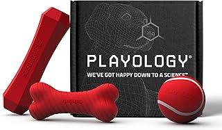 Playology red scented dog toy sampler box with a chew stick, chew bone and squeaky tennis ball