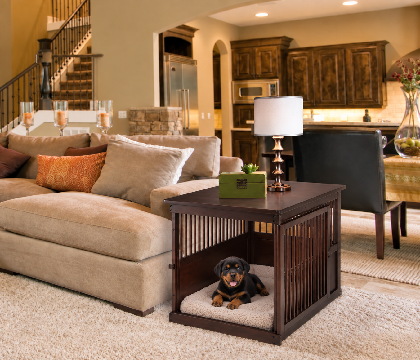Three month old Rottweiler puppy resting inside a dark brown Richell wooden end table dog crate in a living room