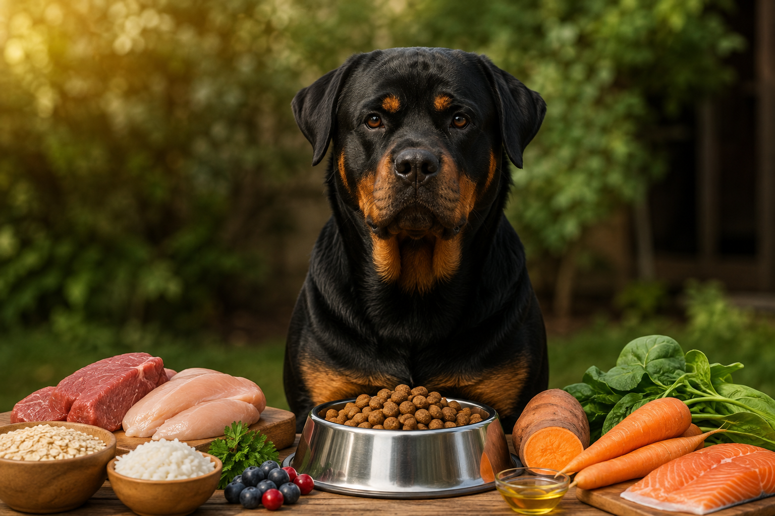 Adult Rottweiler standing beside a full bowl of large-breed kibble next to bags of dry dog food in a bright kitchen