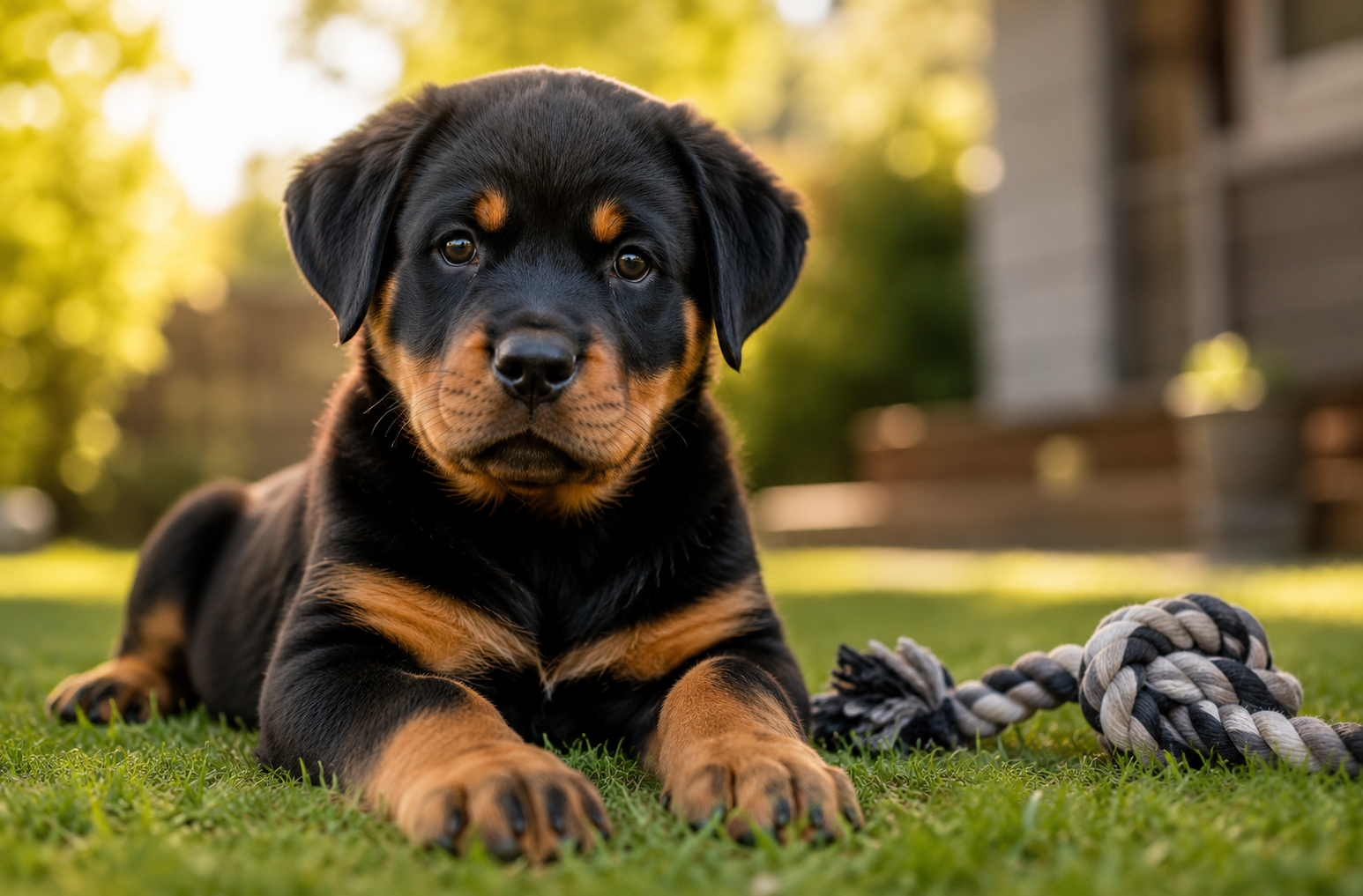 Rottweiler focused on its owner during an outdoor training session