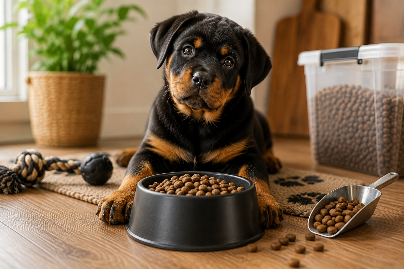 Rottweiler puppy lying behind a bowl of large-breed puppy kibble next to a food storage container