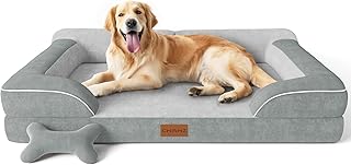 Grey CWAWZ orthopedic bolster dog bed with a large dog lying on it and a bone-shaped toy beside it