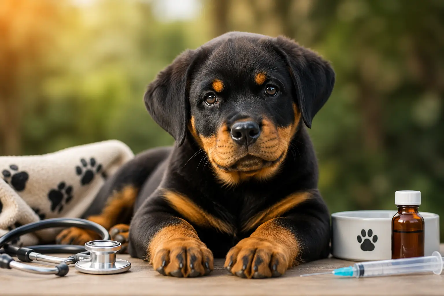 Six-month-old Rottweiler lying calmly beside a stethoscope, bowl and blanket at a health check