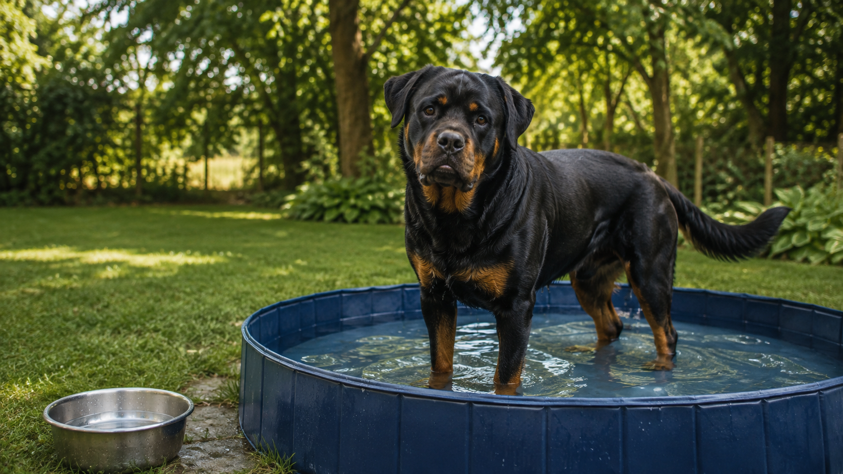 Adult Rottweiler cooling off safely in a shallow paddling pool in a shaded summer garden