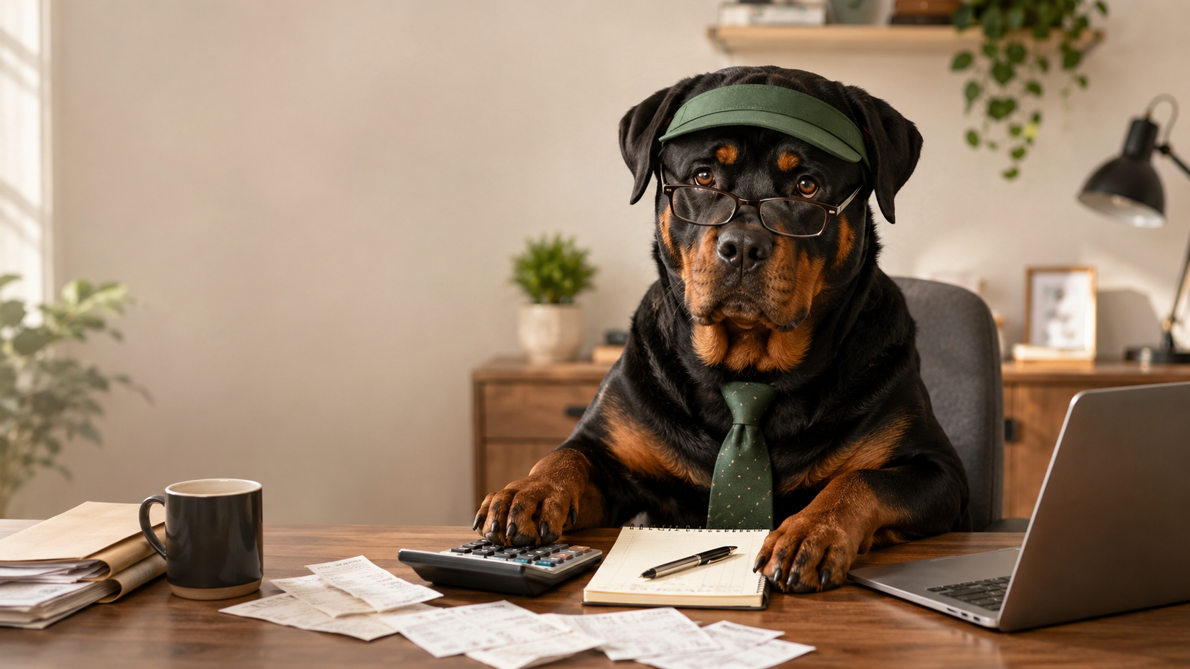 A Rottweiler dressed as an accountant at a desk with a calculator, representing the cost of owning a dog