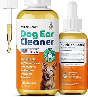Pup Labs K9 EarClear dog ear cleaner bottle with dropper and a dog on the label