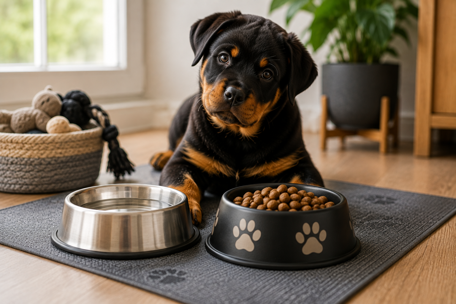 Rottweiler puppy lying behind a stainless steel water bowl and a paw-print food bowl filled with kibble