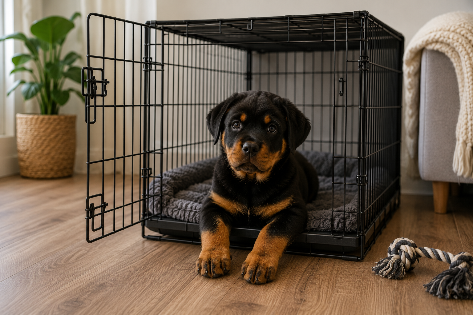 Rottweiler puppy lying on a soft bed inside an open black wire crate in a bright living room
