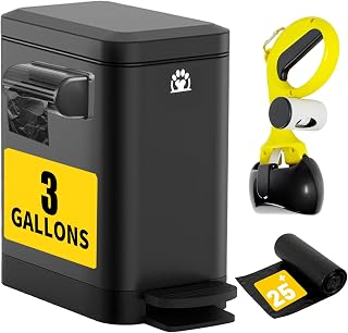 Black 3 gallon outdoor dog waste trash can with built-in bag roll dispenser, foot pedal, yellow leash-clip holder and a roll of waste bags