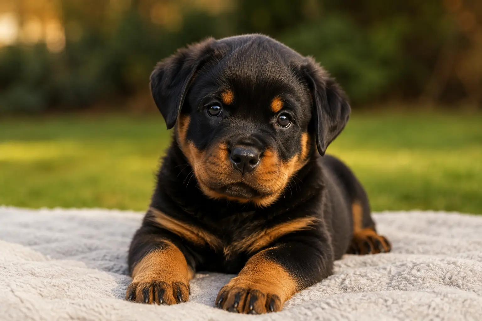 Young adult Rottweiler lying outdoors on a soft blanket in a green garden
