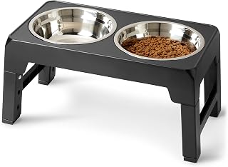 Amazon Basics raised double dog feeder stand with two stainless steel bowls