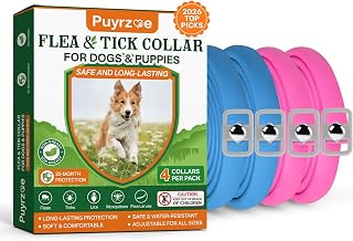 Puyrzoe flea and tick prevention collars in blue and pink, four collars per pack